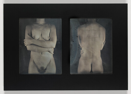 A diptych shows a nude person photographed front and back with arms crossed over the torso.