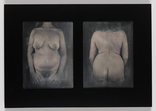 Diptych showing frontal and rear views of a standing naked middle-aged woman against a dark background.
