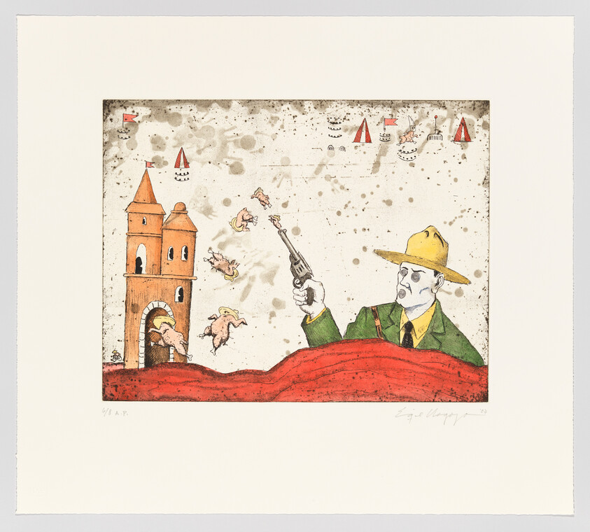 A man in a yellow hat fires a revolver as small pigs fly from a tower across a red hill.