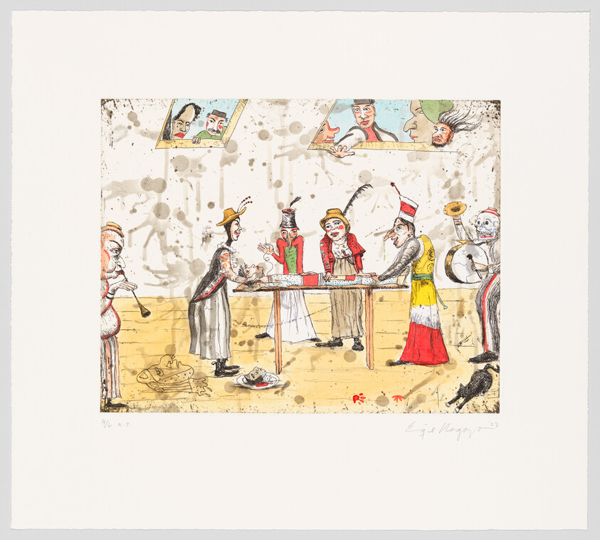 A group of costumed performers gather around a table, examining and presenting objects in a messy room.