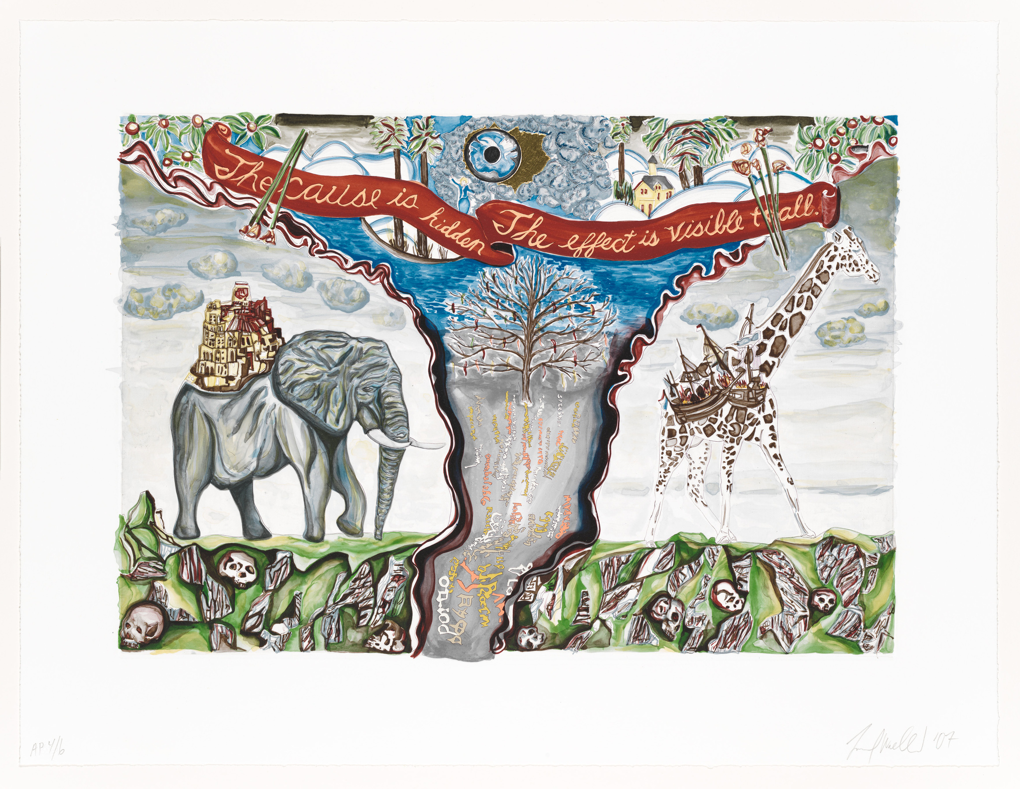 A colorful and intricate artwork featuring an elephant and a giraffe with structures on their backs, set against a backdrop with clouds and a blue sky. A red ribbon with the text "The cause is hidden, The effect is visible to all" weaves through the scene. Below the animals, a layer of earth reveals human skulls and bones, suggesting a deeper meaning about the foundations of society and the impact of human actions on nature.