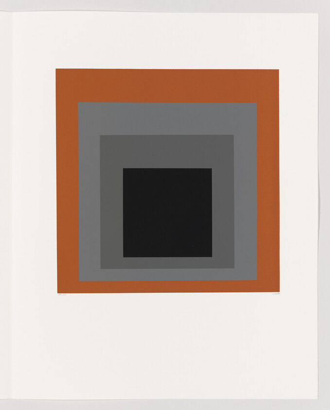 Concentric squares with a black center, layered gray tones, and a rust outer square on white.