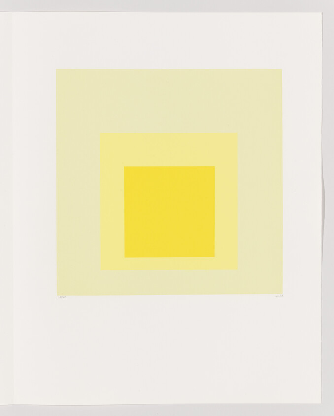 Three nested yellow squares centered on a white background forming a minimalist geometric composition.