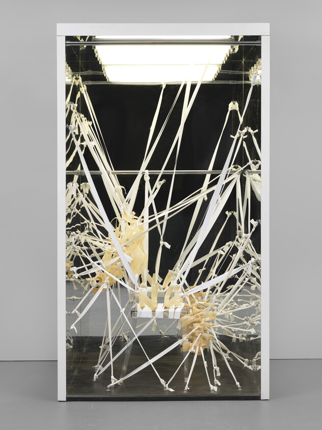Tall glass display containing mirrored panels with radiating white straps and beige foam clusters.
