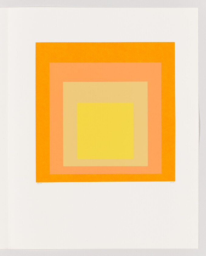 Concentric squares in yellow, peach, and orange stacked centrally on a white background.
