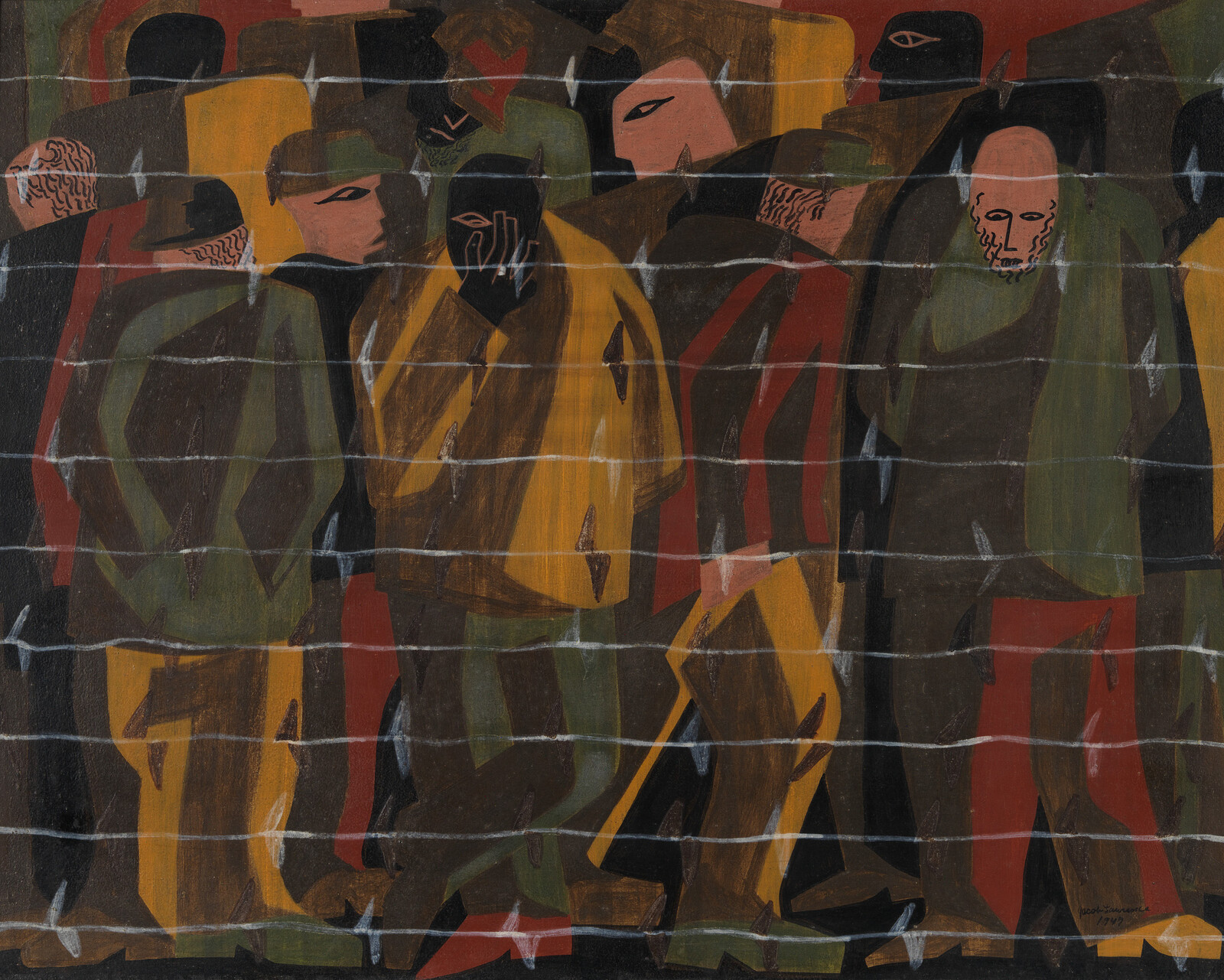 A crowd of stylized figures crowded behind layered barbed wire, appearing tired and resigned.