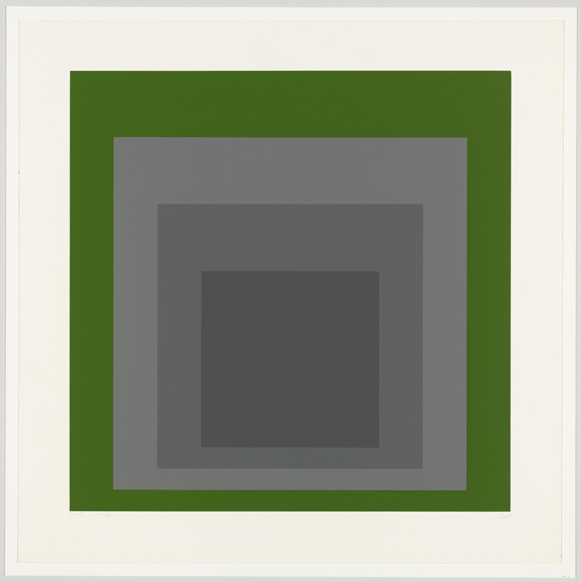 Concentric squares in dark green and layered gray tones centered on a white background.