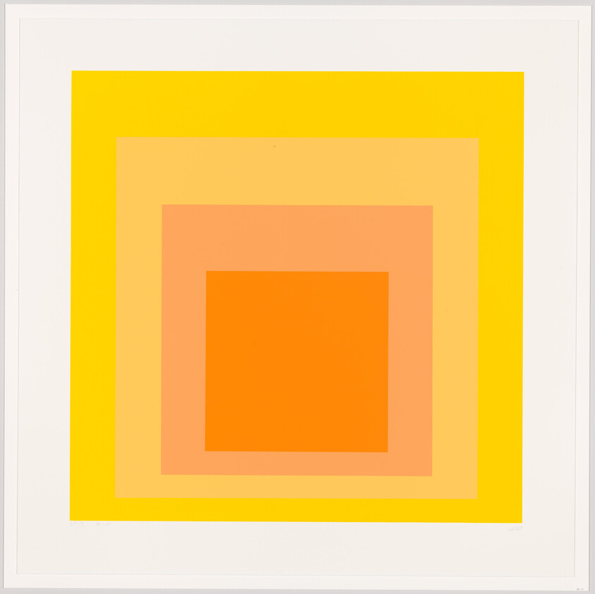 Concentric squares in yellow, peach, and orange create a layered, symmetrical abstract composition.