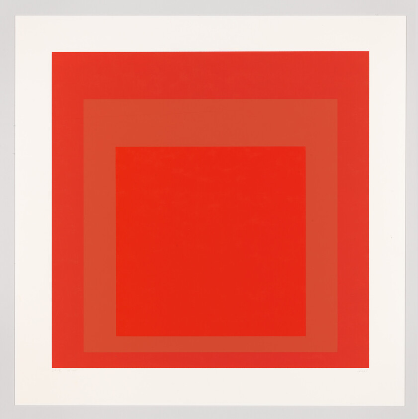 Three concentric red squares with lighter inner bands centered on a white background.