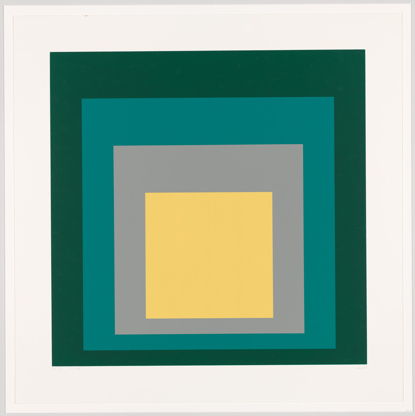 Concentric colored squares form layers from a yellow center through gray and teal to dark green.