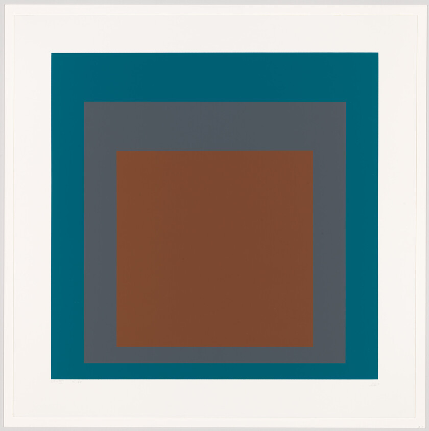 Three concentric colored squares—teal outer, gray middle, and brown center—framed on white.
