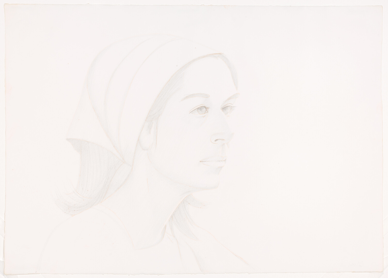 A lightly drawn portrait of a woman in profile, wearing a headscarf and looking to the right.