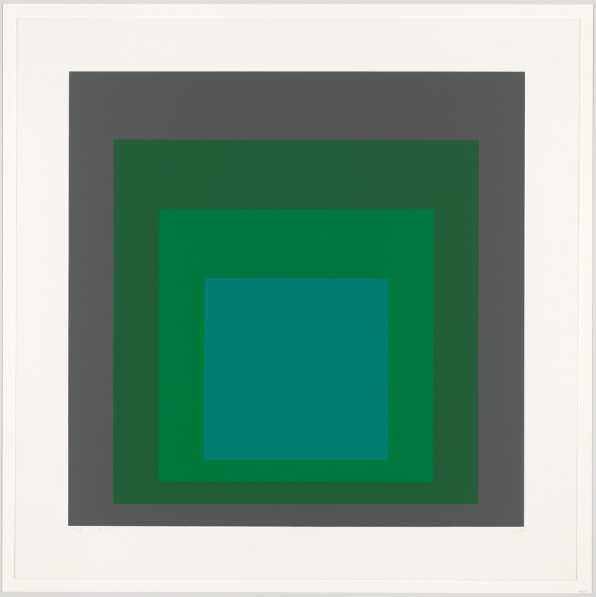 Concentric squares in teal, green, and dark gray centered on a white background.