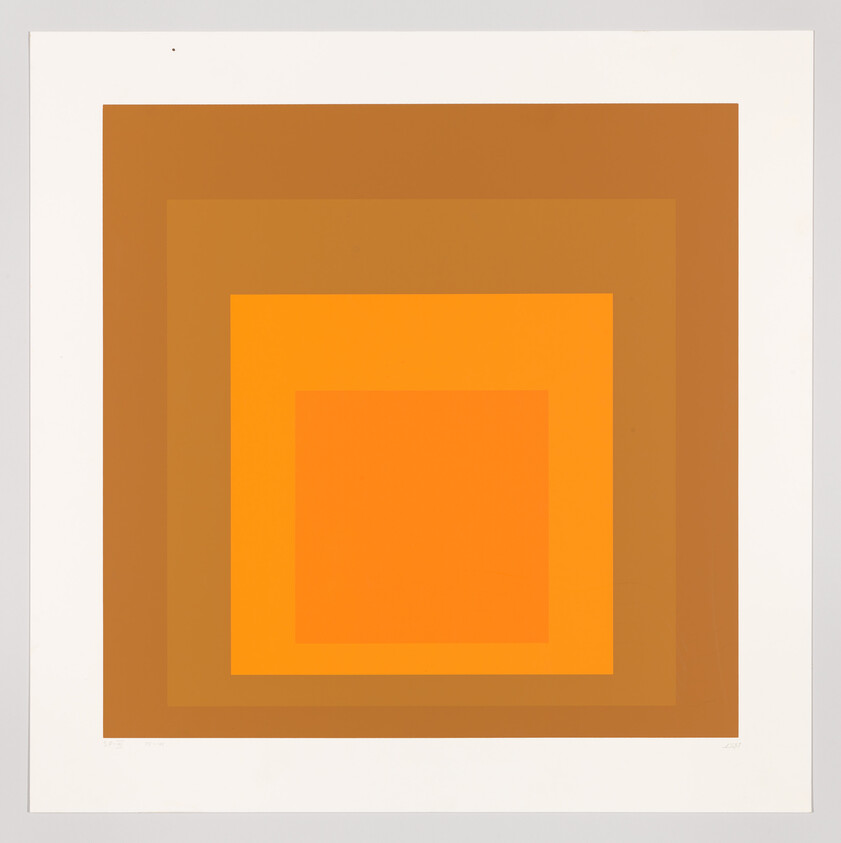 Concentric orange and brown squares form a layered geometric pattern with a bright central square.