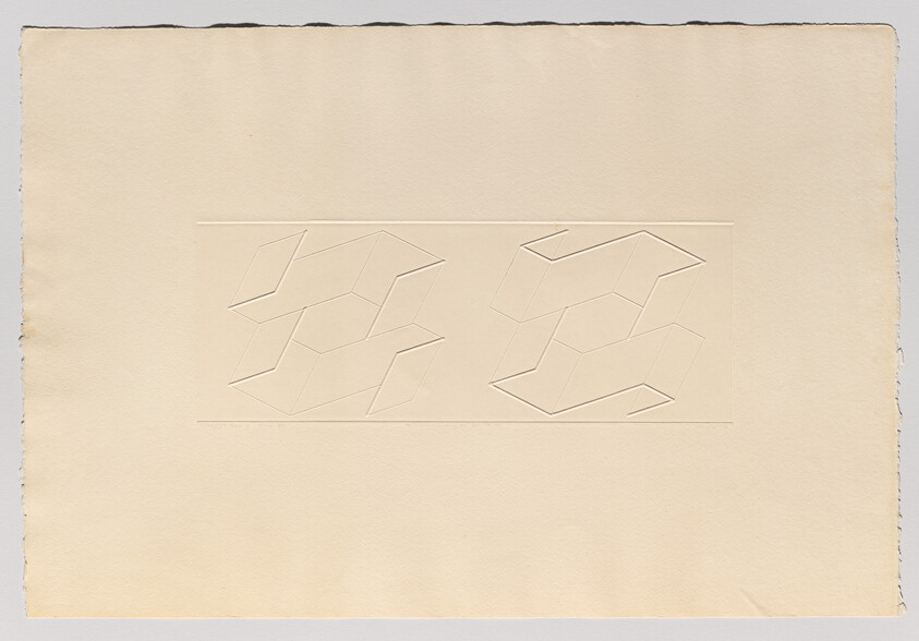 Two sets of embossed interlocking geometric shapes are pressed into the center of a beige sheet.
