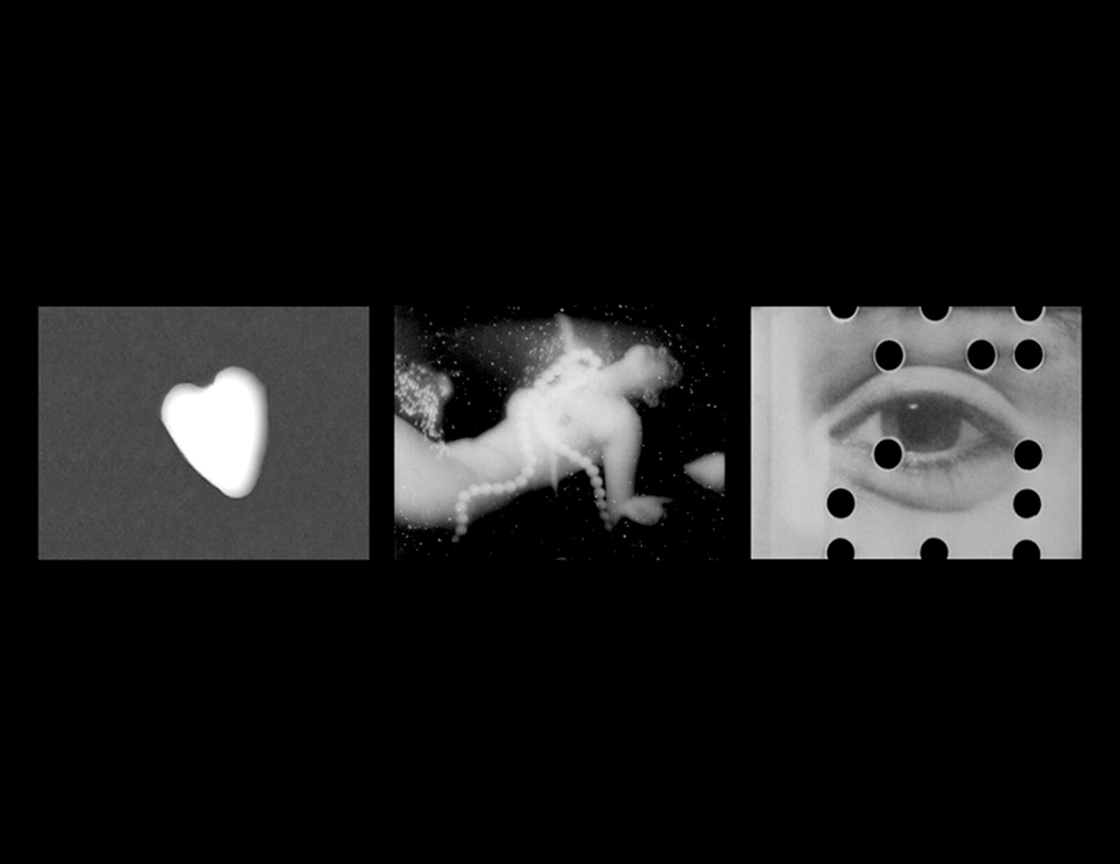 Three black-and-white panels show a glowing heart, a reclining cherub, and an eye with dot overlays.