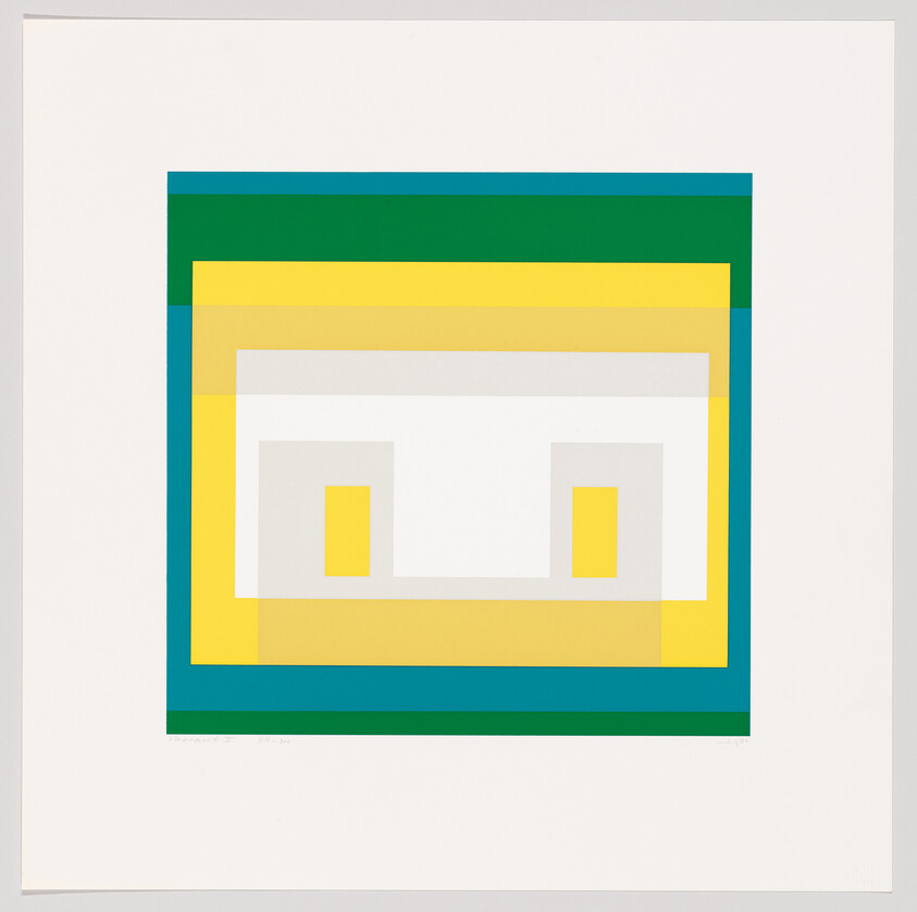Concentric green, teal, yellow, and white rectangles form a geometric abstract composition with two inner yellow blocks.