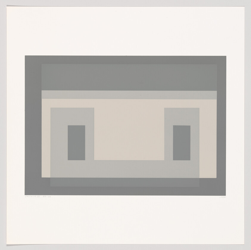Layered muted gray and beige rectangles form a centered geometric composition with two darker vertical blocks.