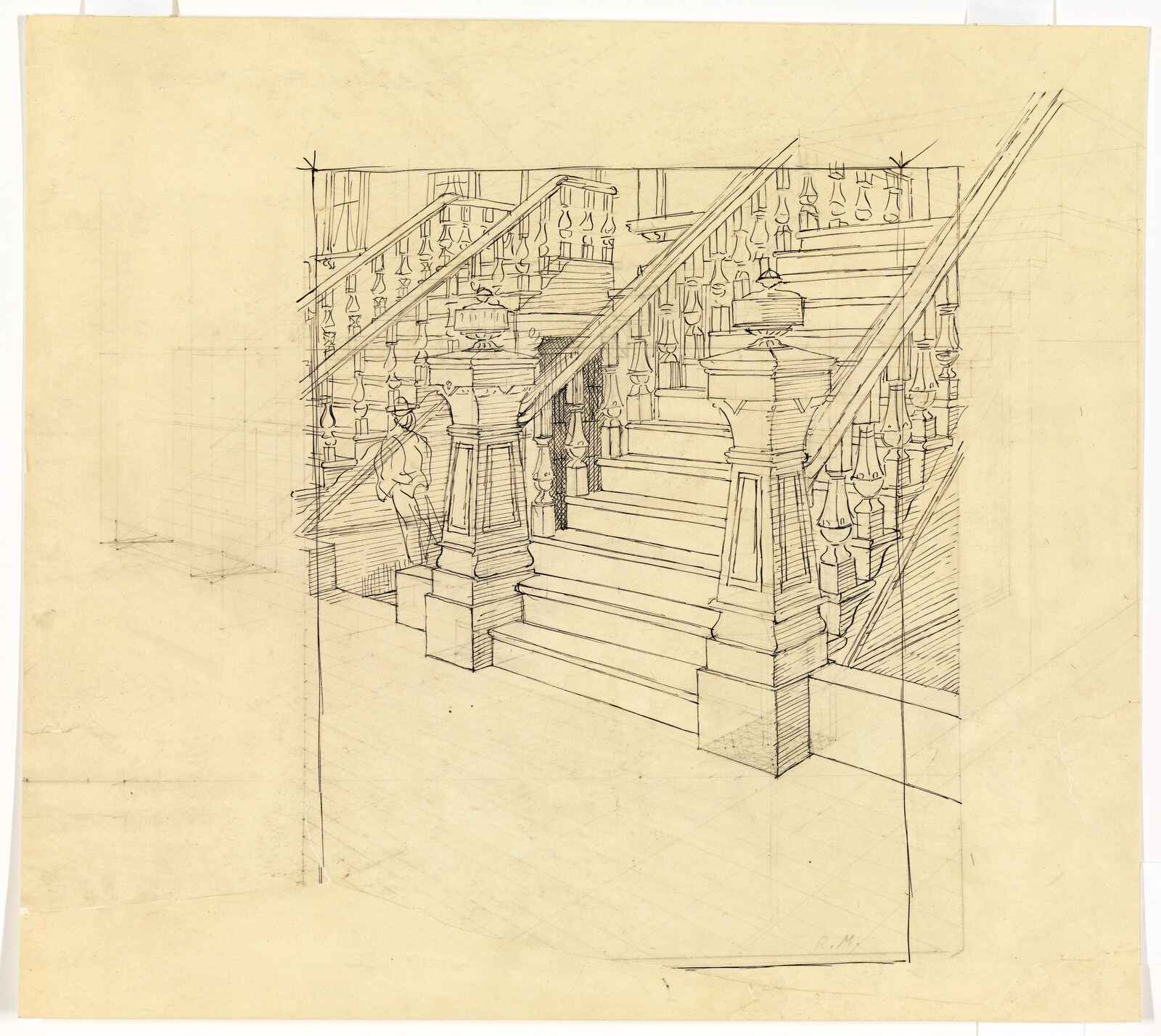 An architectural pen drawing of a wide carved staircase with ornate newel posts and balusters.