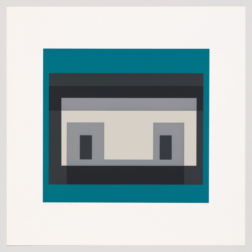 A centered teal-bordered geometric design with layered gray and black rectangles and two dark vertical rectangles.