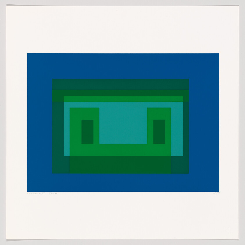 Centered layered blue and green rectangles form a stepped U-shaped geometric pattern on white.