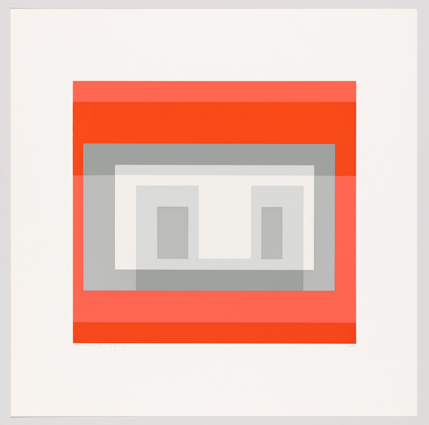 Concentric red and gray rectangles surround a white center with two small gray squares inside.