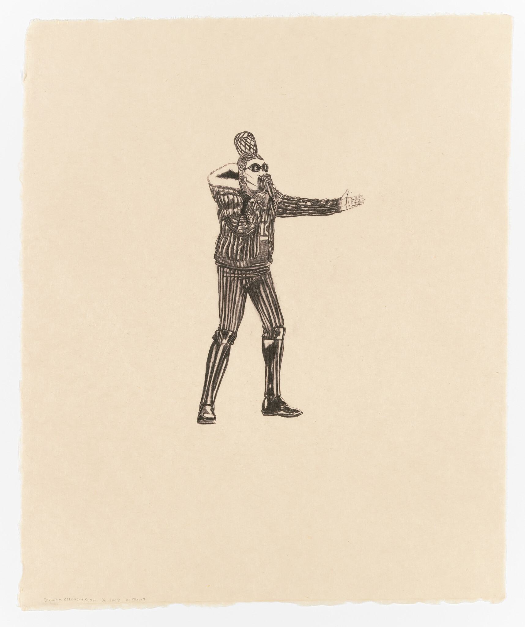 Figure in a striped outfit and goggles extends one arm while holding a hand to their mouth.