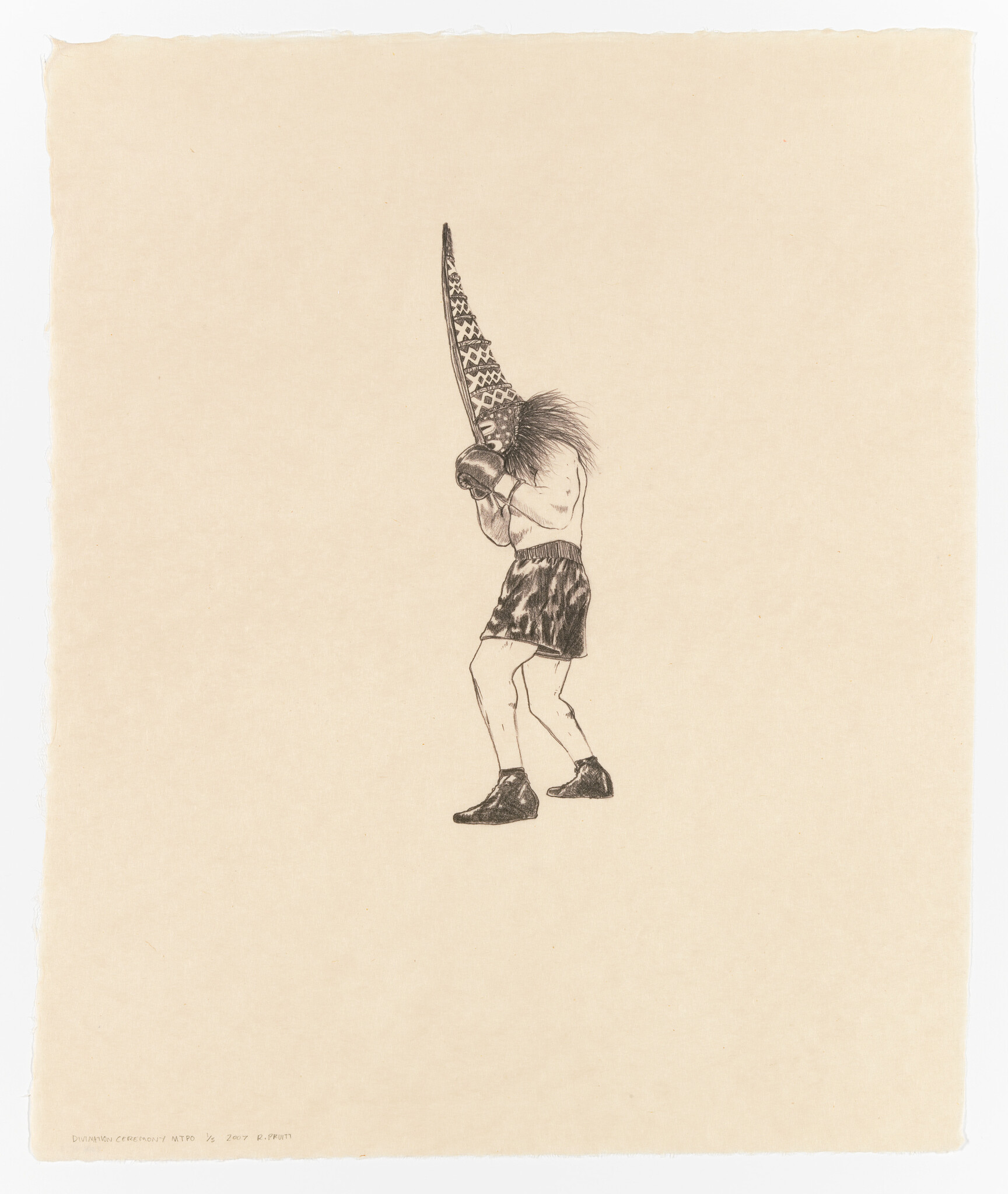 A person wearing a tall patterned cone hat and boxing gloves stands in a guarded boxing stance.