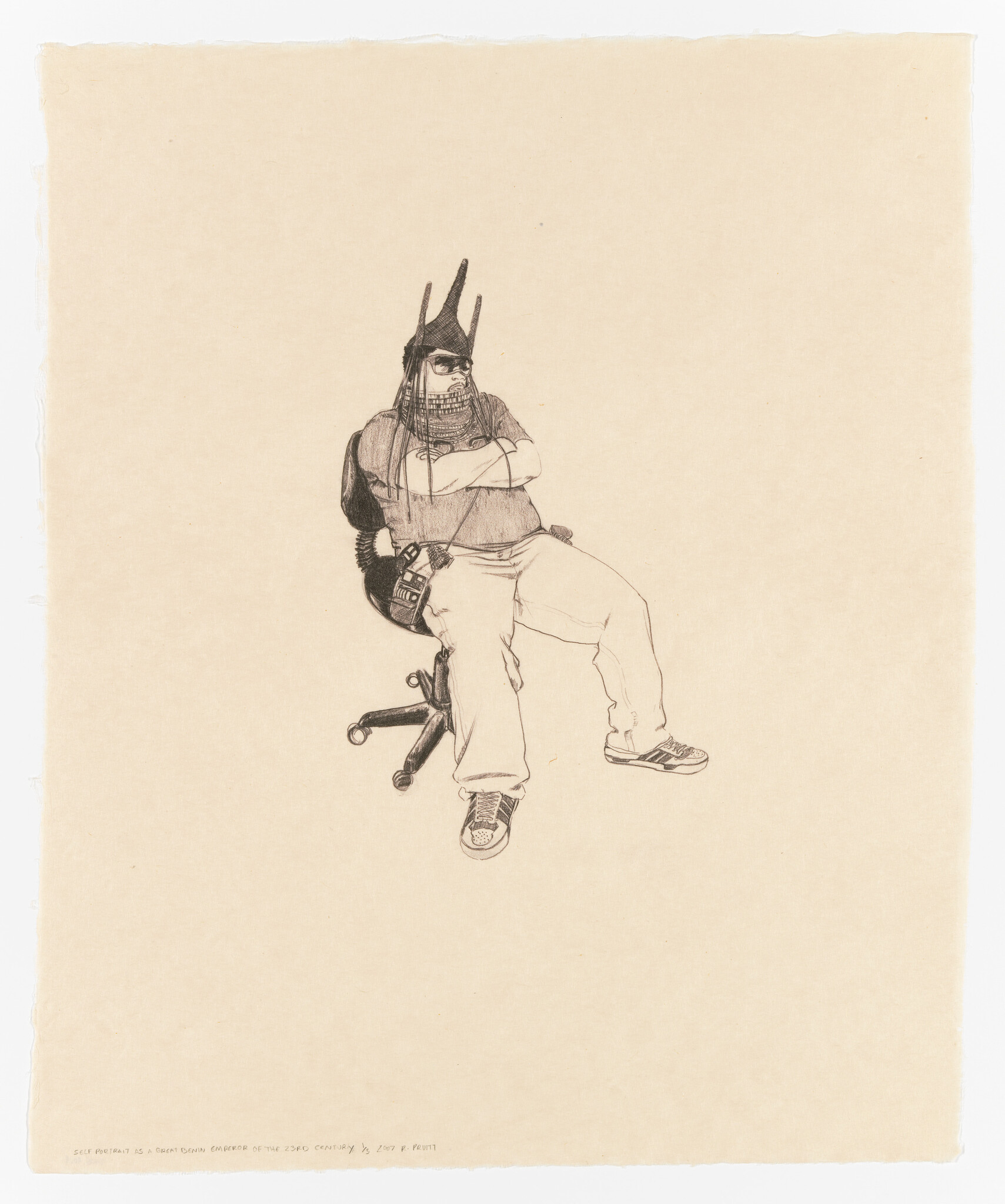 A person wearing a horned helmet and scarf sits with arms crossed on an office chair.