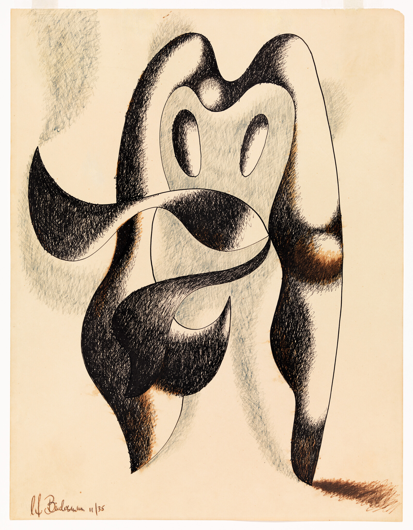 Abstract black ink drawing of flowing, mask-like organic shapes with heavy shading.