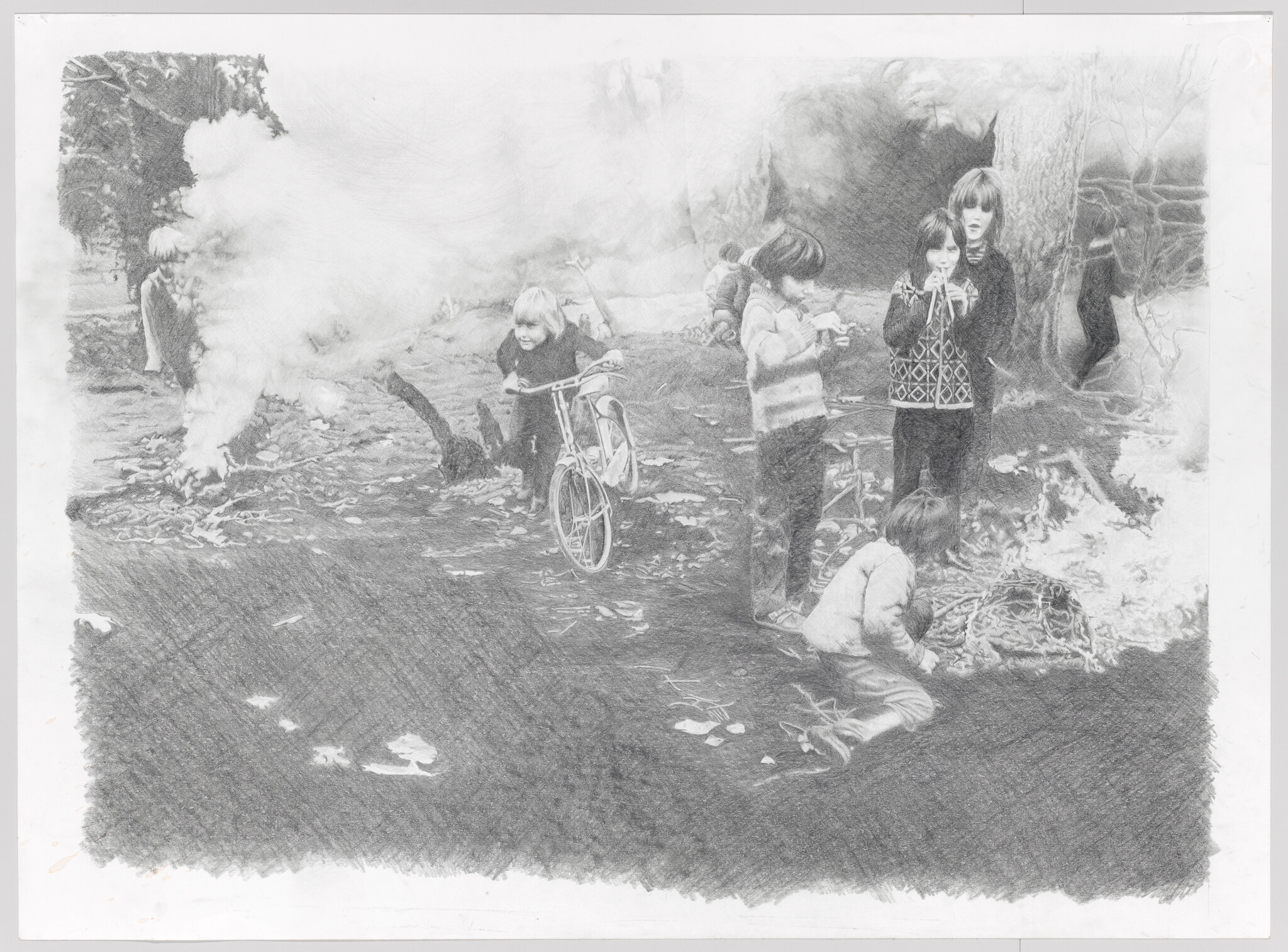 Children gather around a small outdoor fire while one child holds a bicycle and others watch.