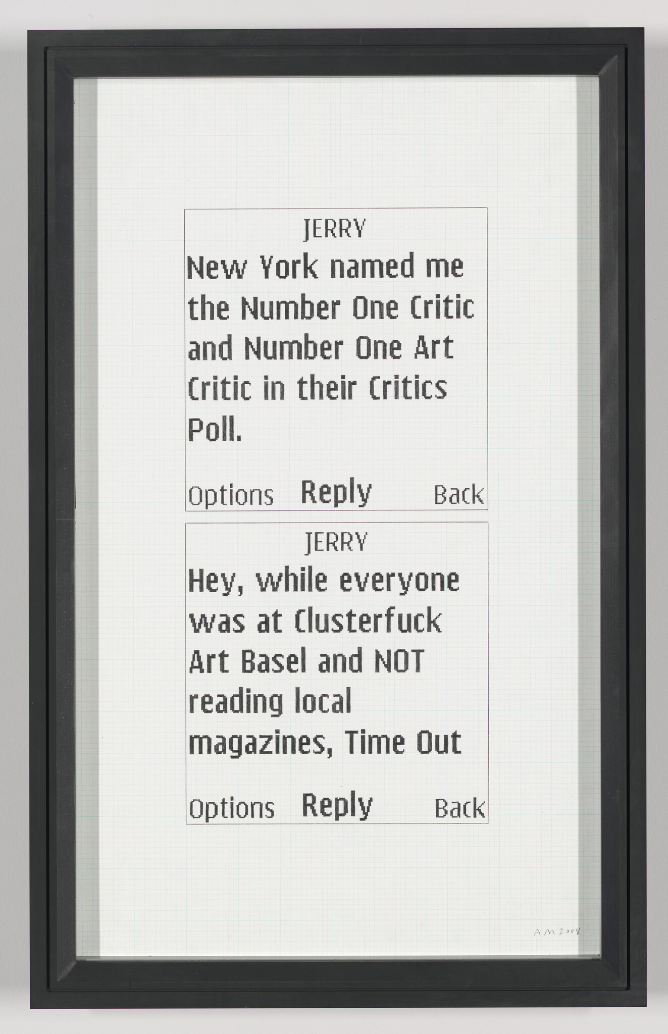 Framed artwork showing two text-message style panels with Jerry claiming New York named him top art critic.