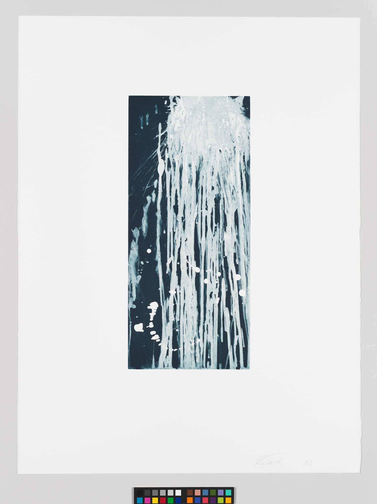 Centered dark rectangle shows thick white paint dripping downward in long vertical streaks.