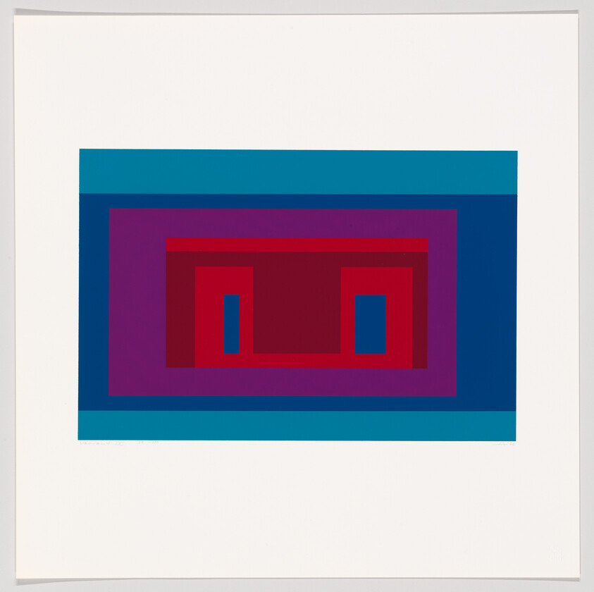 Concentric colored rectangles in teal, blue, purple, and red with two small blue inner rectangles.