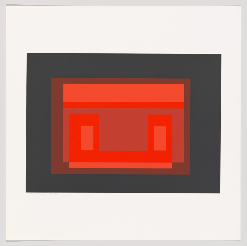 Concentric red and dark gray rectangles form a layered geometric abstract centered on a white background.