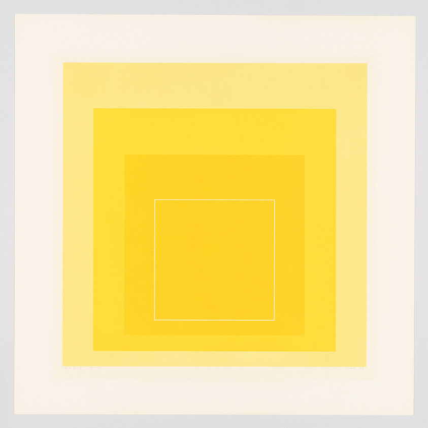 Concentric yellow squares form a layered gradient with a thin white square at the center.