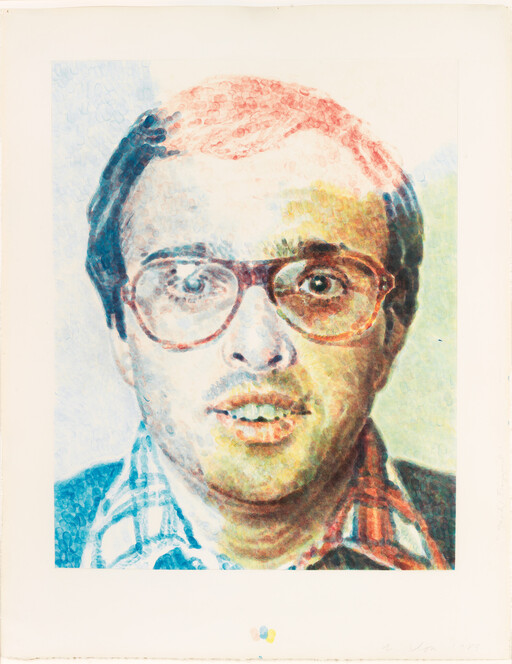 A close-up painted portrait of a man with glasses and a surprised expression in colorful dots.