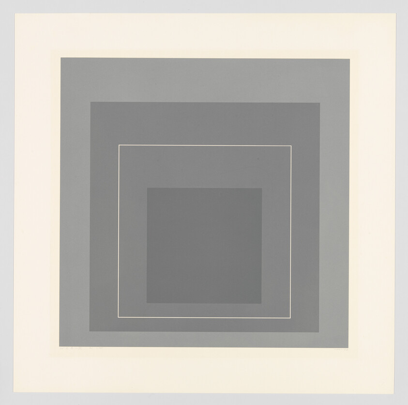 Concentric gray squares with a thin white inner outline centered on a cream background.
