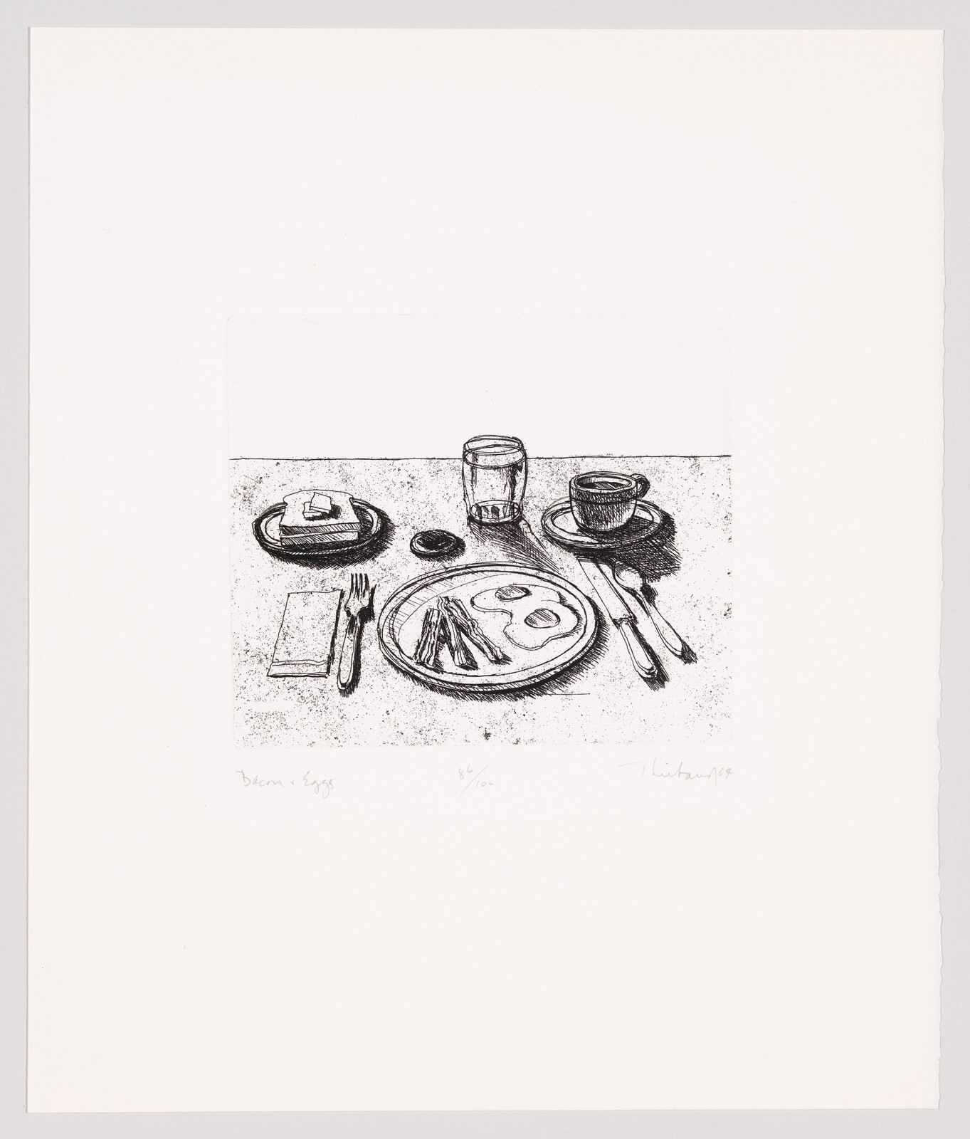 Black and white sketch of a breakfast table setting with plates, utensils, a glass of water, and a cup of coffee.