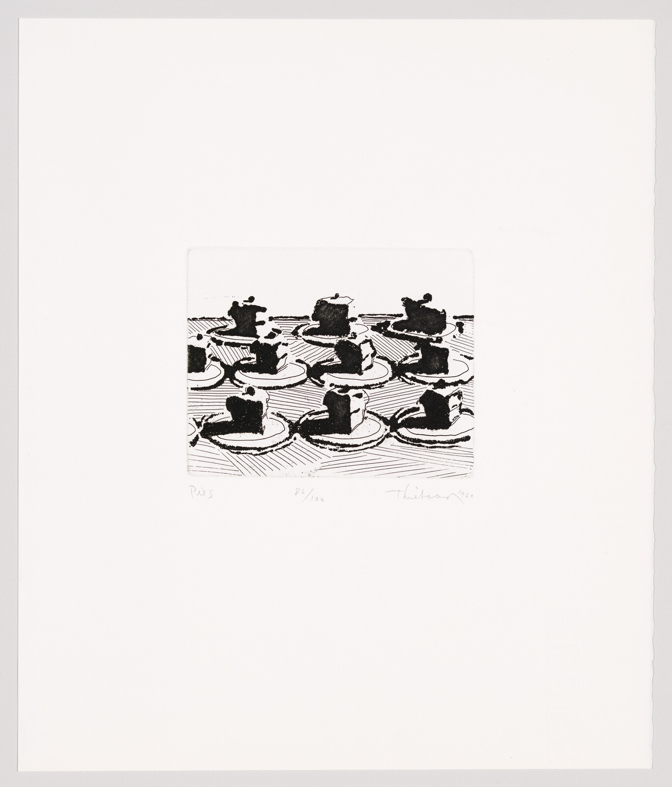 Black and white etching of multiple floating hats on saucers, signed and numbered by the artist.