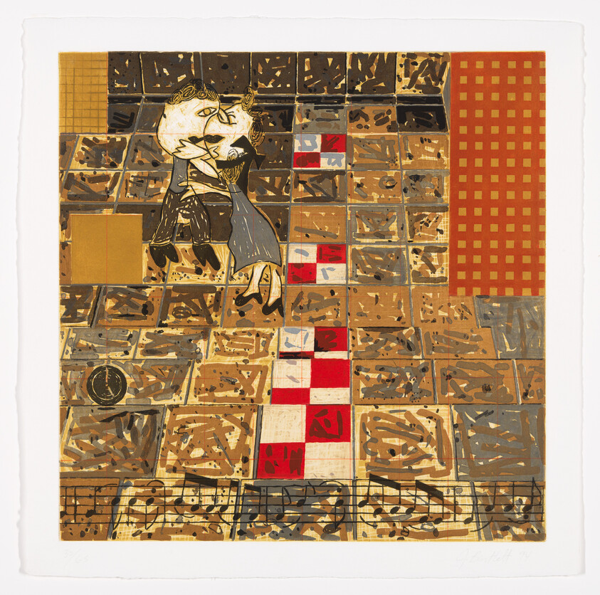 A colorful, abstract print featuring a stylized figure in the center with a large, round head and a suit, set against a background of geometric and organic shapes. The background is composed of a grid-like pattern with various shades of brown, black, and red, and includes musical notation along the bottom edge. To the right, there is a solid red rectangle with a grid of yellow dots. The artwork has a textured, layered appearance, suggesting a collage or mixed-media composition.