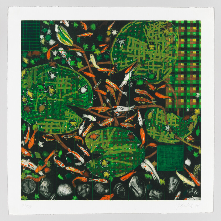 This is a colorful artwork featuring a dynamic composition of koi fish interspersed with greenery and abstract patterns. The fish, rendered in shades of orange with white and black markings, appear to be swimming amidst a backdrop of dark green with hints of lighter green foliage and grid-like structures. The image has a vibrant, almost mosaic-like quality, with the fish seeming to float over the layered patterns beneath. The artwork is numbered and signed by the artist in the lower margin.