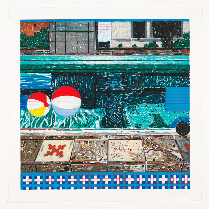 A colorful print depicting a swimming pool scene with two beach balls floating on the water. The pool is surrounded by a tiled edge with a red jigsaw puzzle piece and a pair of scissors on the side. In the background, there are buildings with reflective windows overlooking the pool. The image has a vibrant, graphic quality with strong outlines and a playful use of patterns and textures. The artist's signature and the print number are visible at the bottom.