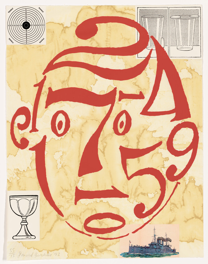 Abstract artwork with red numerical figures forming a face on a yellow background, accompanied by small images including a target, window, chalice, and ship.