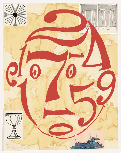 A large red abstract face formed from stylized numbers dominates a marbled background with small illustrations.