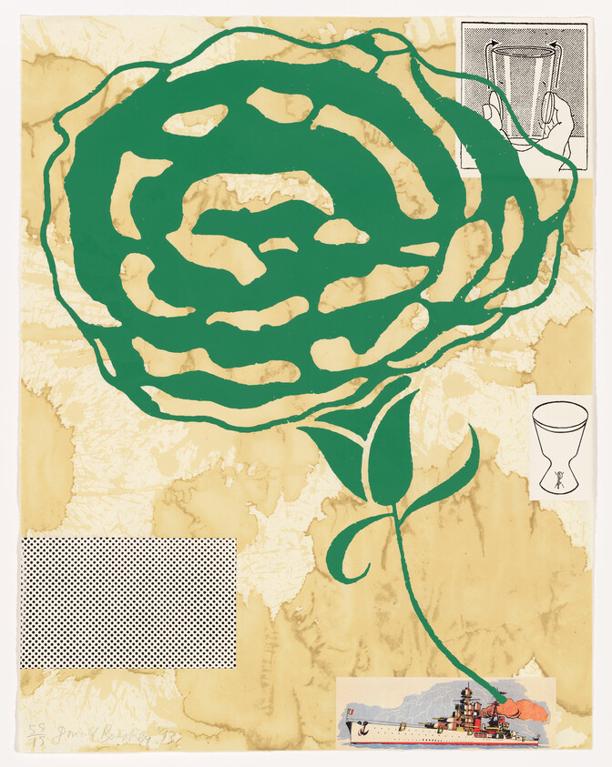An abstract artwork featuring a large green rose-like shape on a textured beige background. The rose is composed of thick, irregular lines and is connected to a green stem with two leaves. Surrounding the central image are various smaller elements: a black and white halftone patterned rectangle, a line drawing of a hand holding a glass, a simple line drawing of a drum, and a colorful illustration of a ship at sea with a red cloud above it. The bottom left corner has the artist's signature and date.