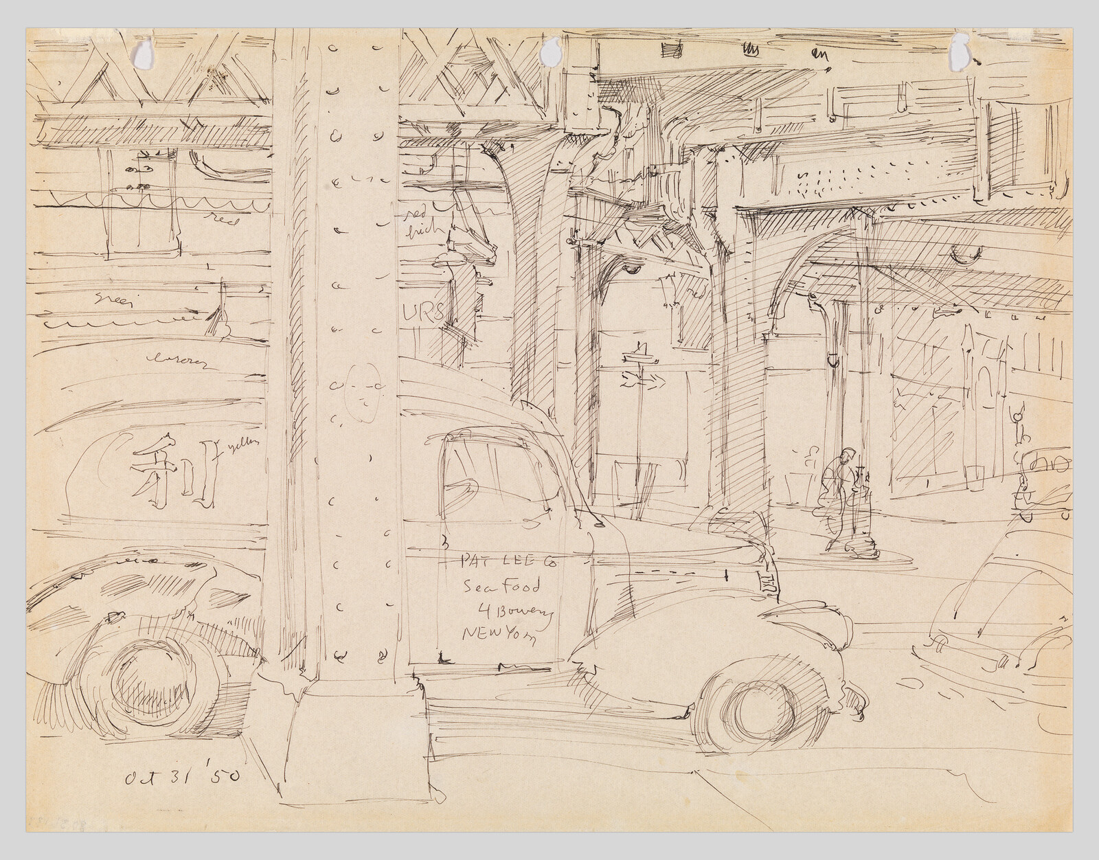 Vintage cars parked under an elevated train structure with riveted support columns and archway.