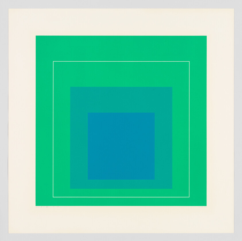 Concentric green and blue squares with a thin white outline centered on a beige background.