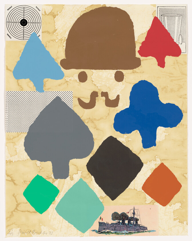 A collage featuring abstract shapes and patterns on a parchment-like background. The central figure resembles a stylized face with a brown cap, mustache, and two dots for eyes, composed of various cut-out shapes in brown, blue, and red. Surrounding the face are additional geometric shapes in different colors and patterns, including a black and white dotted triangle, a solid black pentagon, and a teal diamond. In the bottom right corner, there's a small, detailed illustration of a ship on water with trees and a flag in the background. The top left corner includes a target-like circle with concentric rings. The artwork has a signature and date at the bottom left.