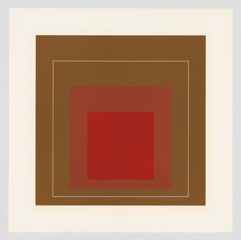 Concentric squares in red and brown with a thin white outline on a cream background.